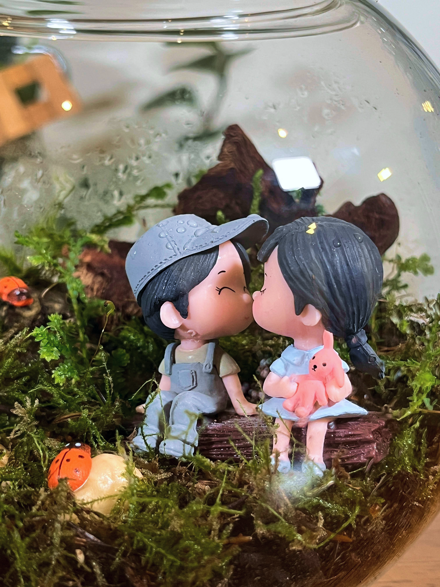 Glass bowl terrarium with couple figurine and moss landscape by Lilli Plants, best terrarium brand in Dubai