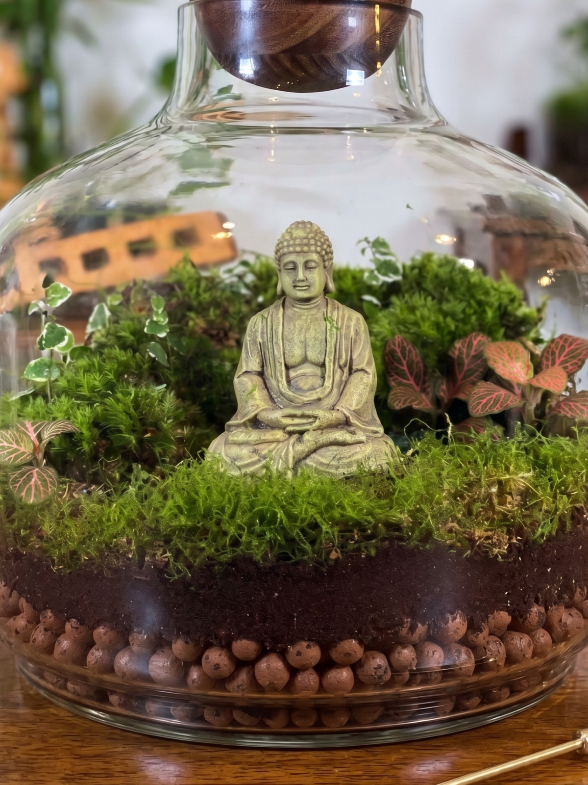 Lilli Plants 8-15mm expanded clay LECA balls used as a false bottom drainage layer in a closed glass terrarium.