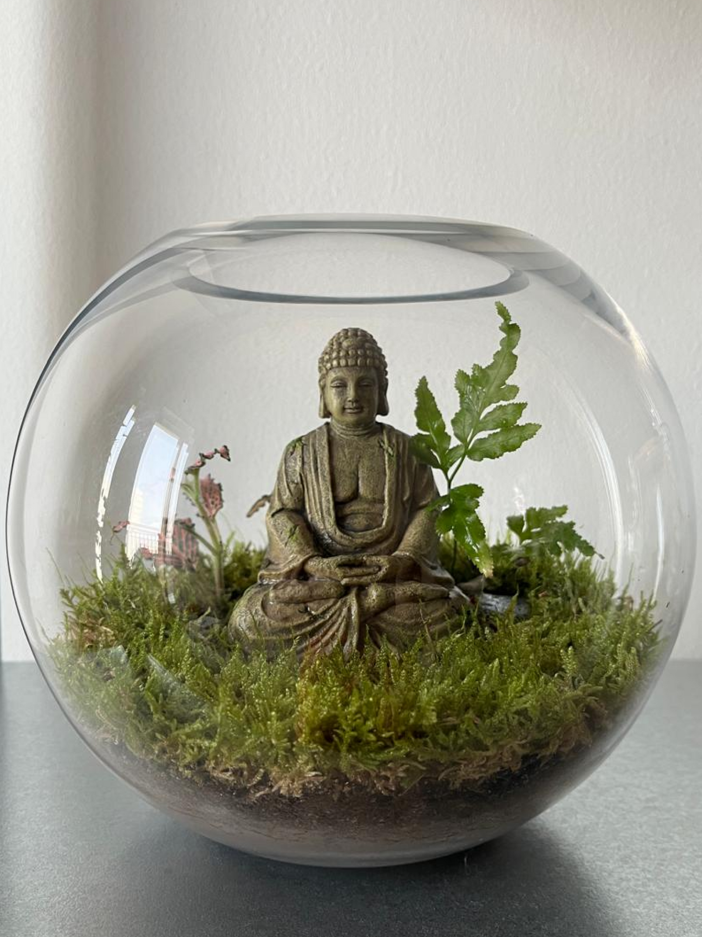 Tabletop Buddha garden terrarium bringing peace and calmness to interiors.