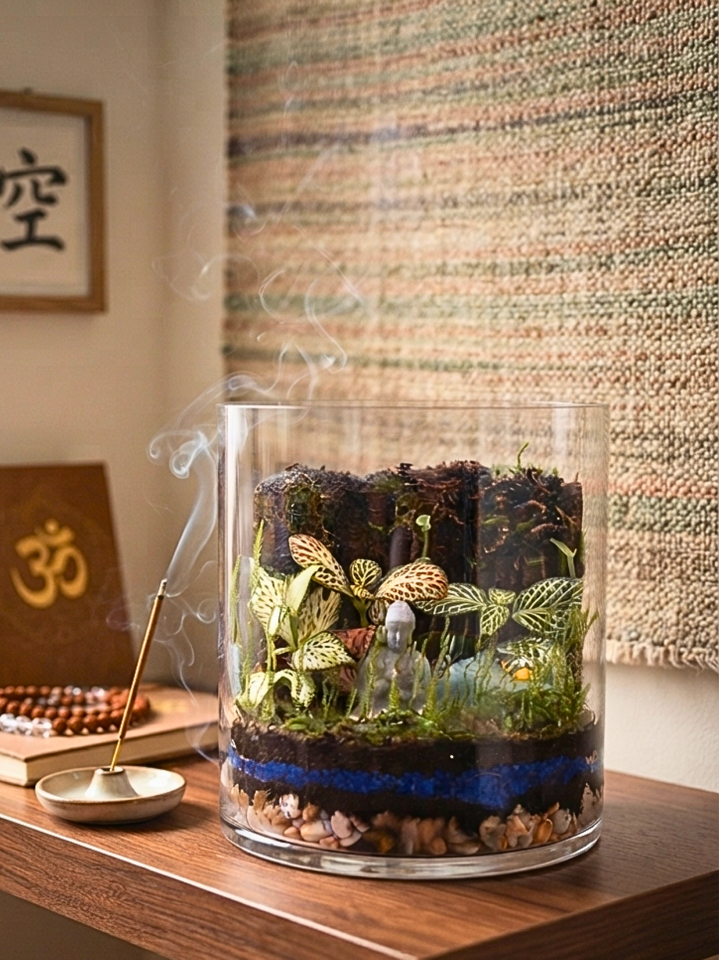 Luxury mini terrarium by Lilli Plants featuring Buddha, natural moss, and symbolic green decorative stones