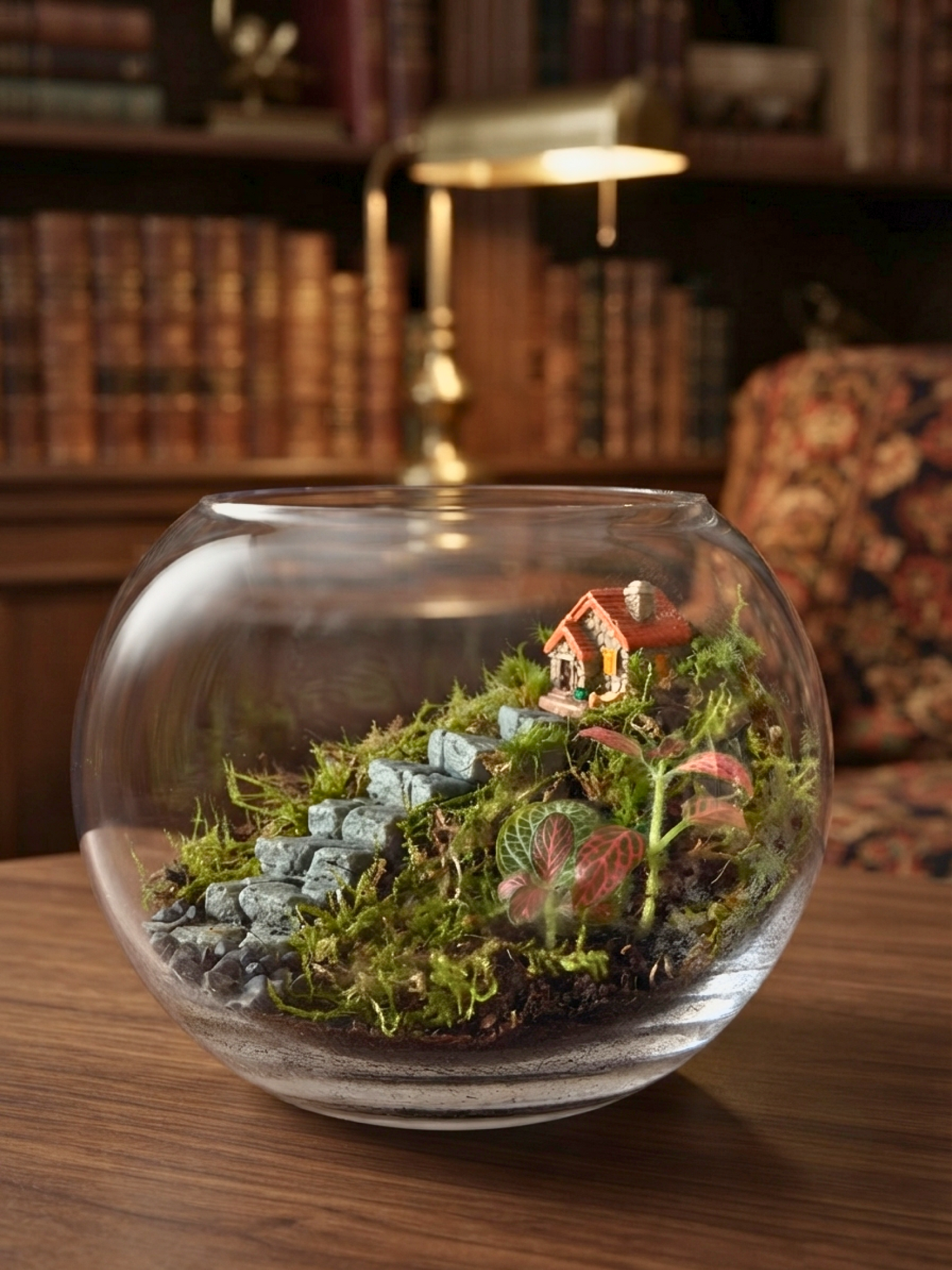Luxury indoor terrarium with miniature house, stone pathway, premium moss, Fittonia plants, and handcrafted glass bowl by Lilli Plants Dubai.