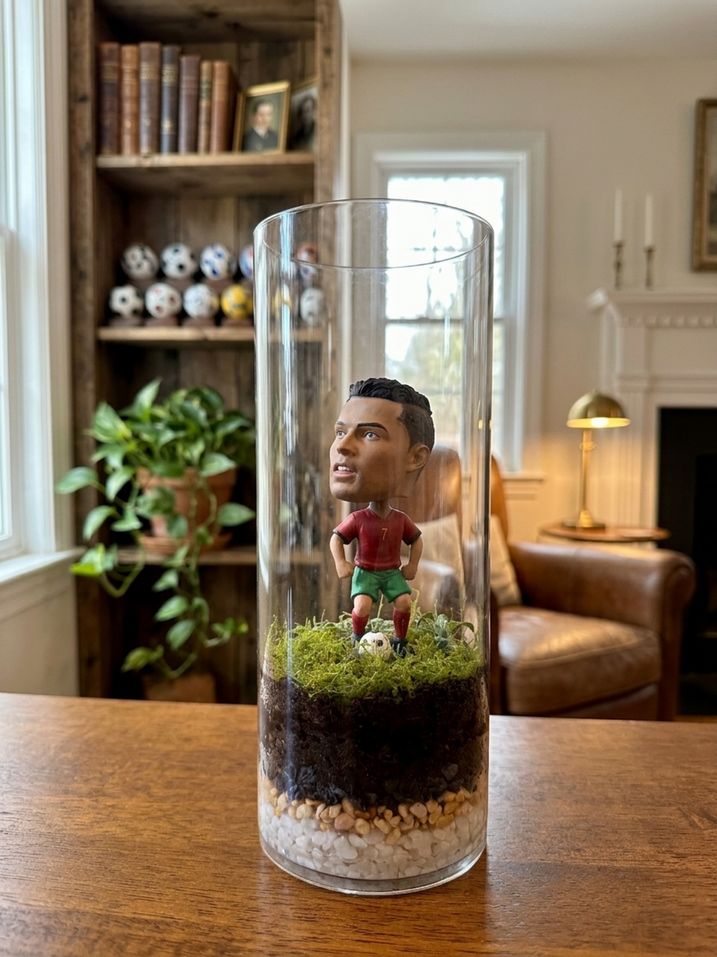 Premium Cristiano Ronaldo football terrarium on a sleek wooden tabletop background perfect for home decor.