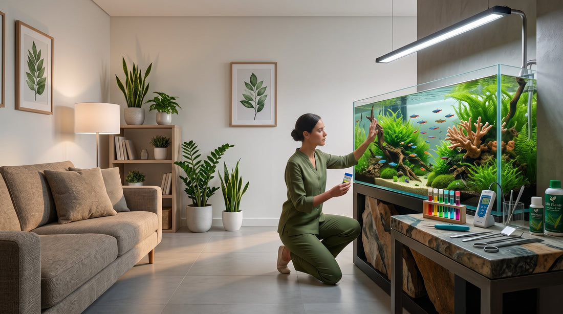 Female professional aquarium technician inspecting a luxury planted freshwater aquascape in a modern living room for Lilli Plants Dubai.