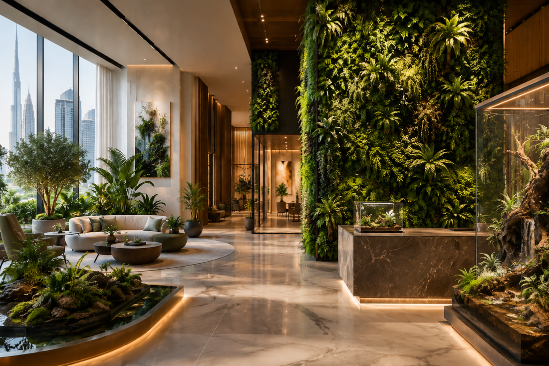 Lush indoor greenery setup with terrariums and plants symbolizing nature-inspired design by lilli plants