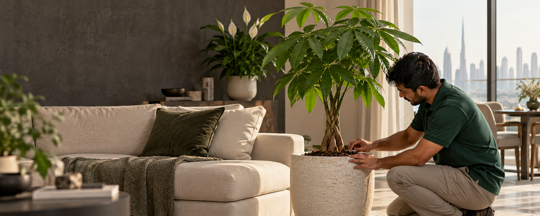 Plant care professional checking the soil of a potted money tree in a modern Dubai apartment.