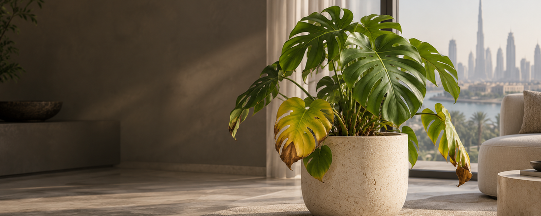 Monstera with yellowing and drooping leaves beside a window overlooking the Dubai skyline.