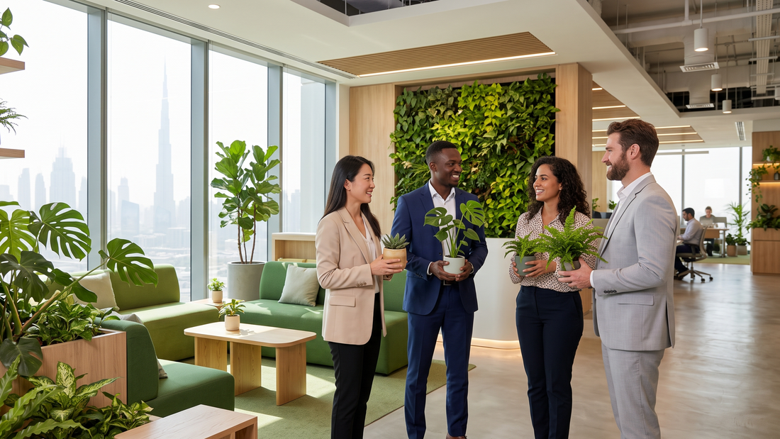 Modern biophilic office interior in Dubai featuring employee team building with green indoor plants and natural lighting.