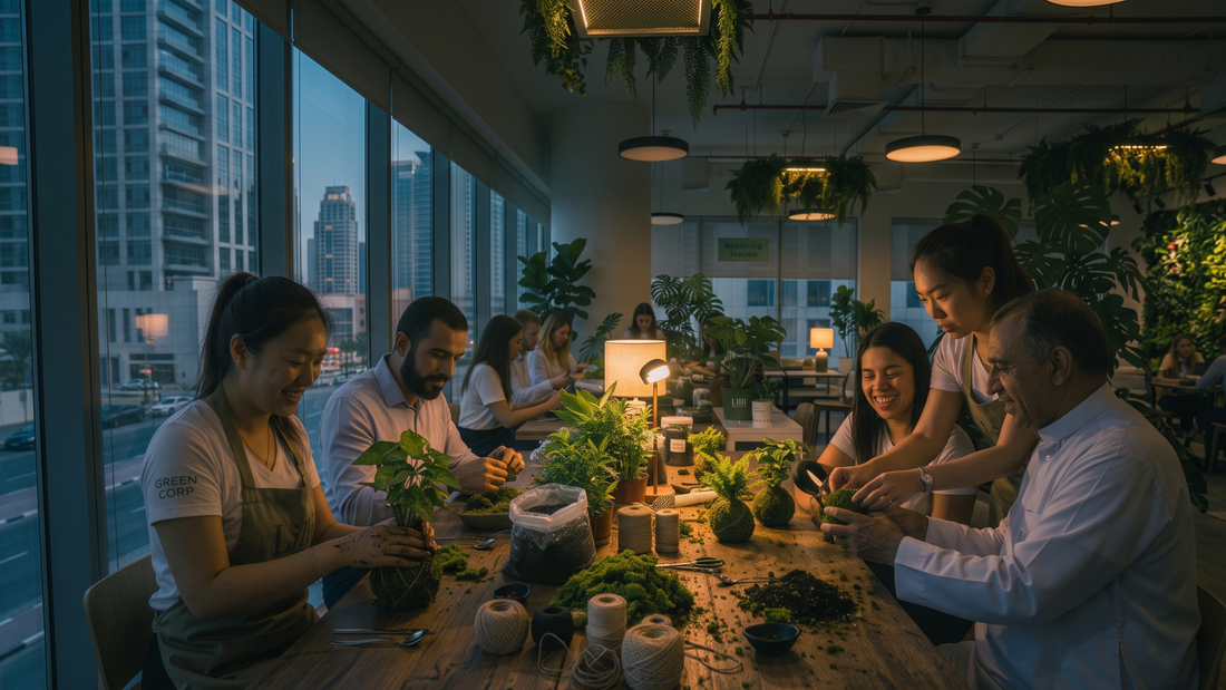 Corporate employees in a Dubai office learning to wrap Japanese Kokedama moss balls during a team wellness activity hosted by Lilli Plants.