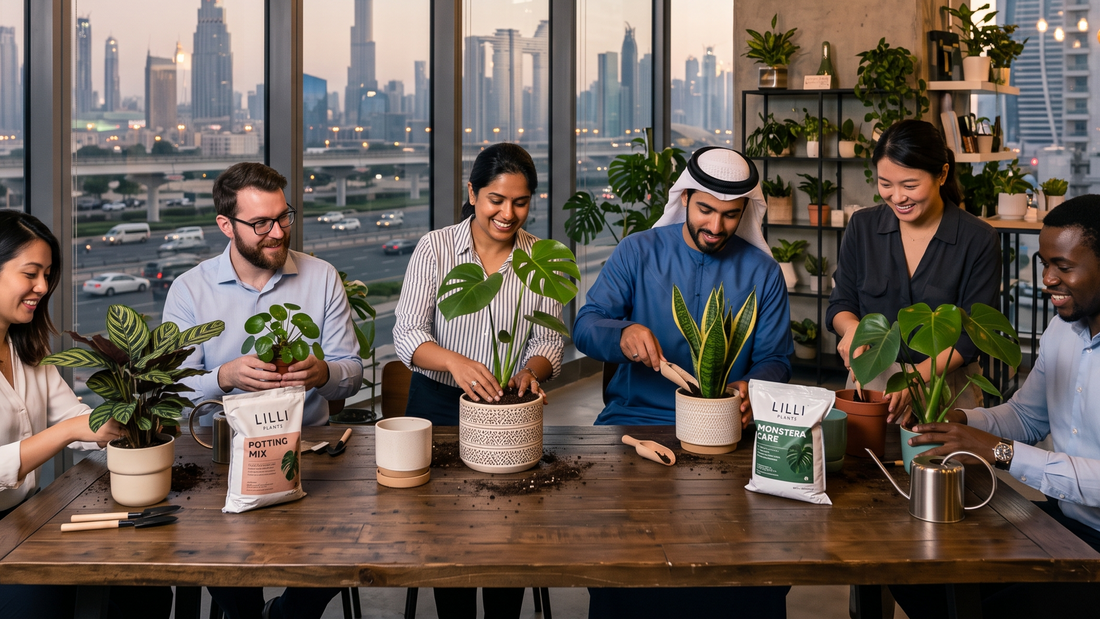 Corporate team in a Dubai office learning indoor plant repotting and soil care techniques during a Lilli Plants workshop.