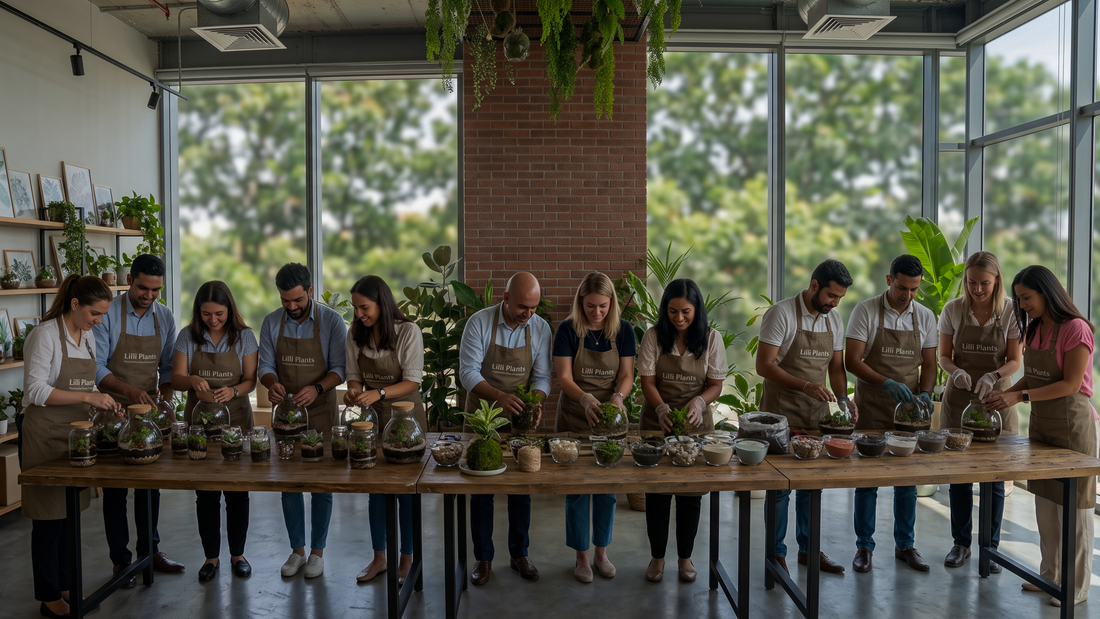 A corporate team in Dubai participating in a hands-on indoor terrarium building workshop at a long wooden table.