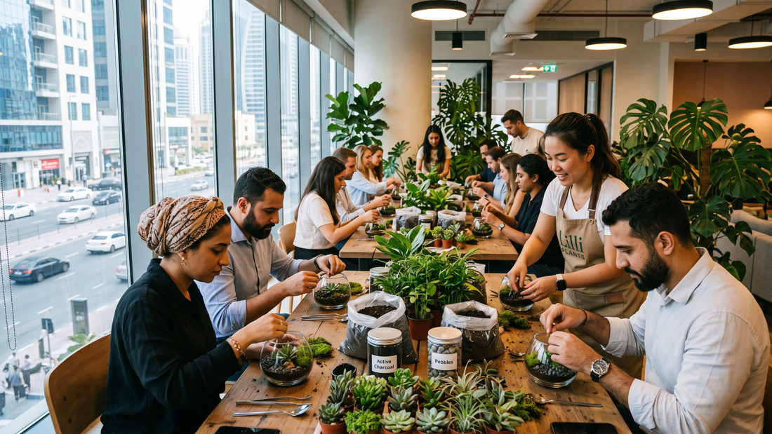 Lilli Plants leading a sustainable green workshop for corporate team building in Dubai, showing employees engaged in eco-friendly activities.