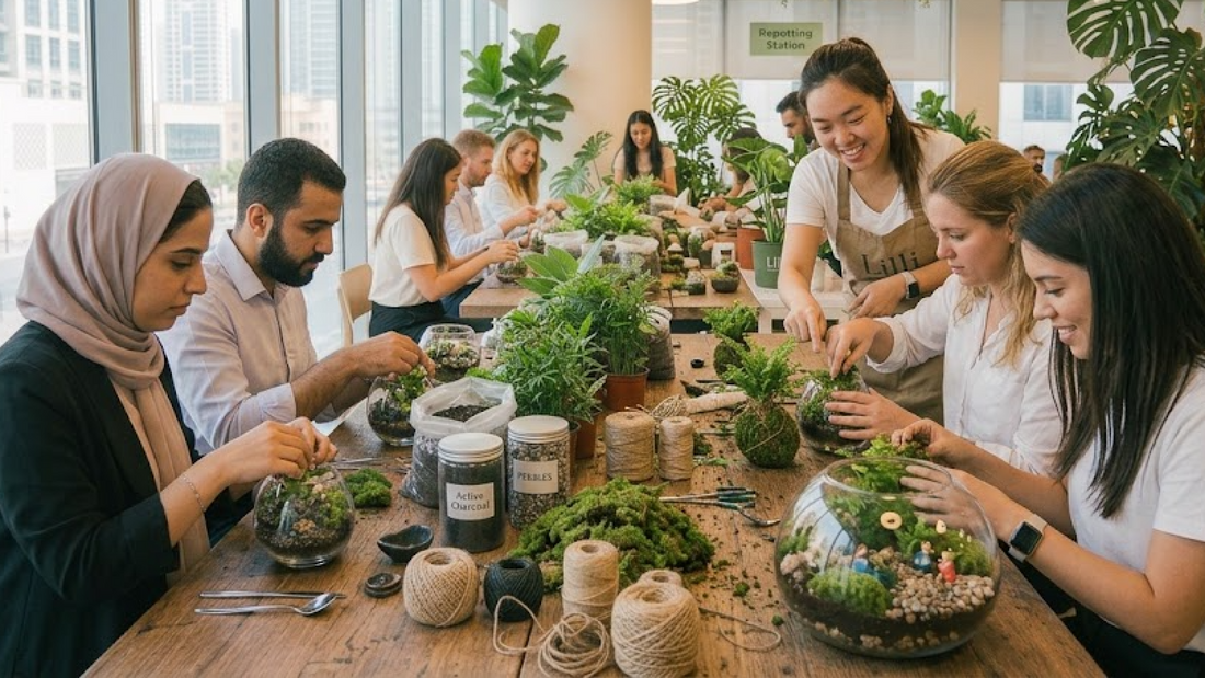Dubai corporate team participating in an indoor terrarium making workshop with live plants and glass jars around a wooden table.