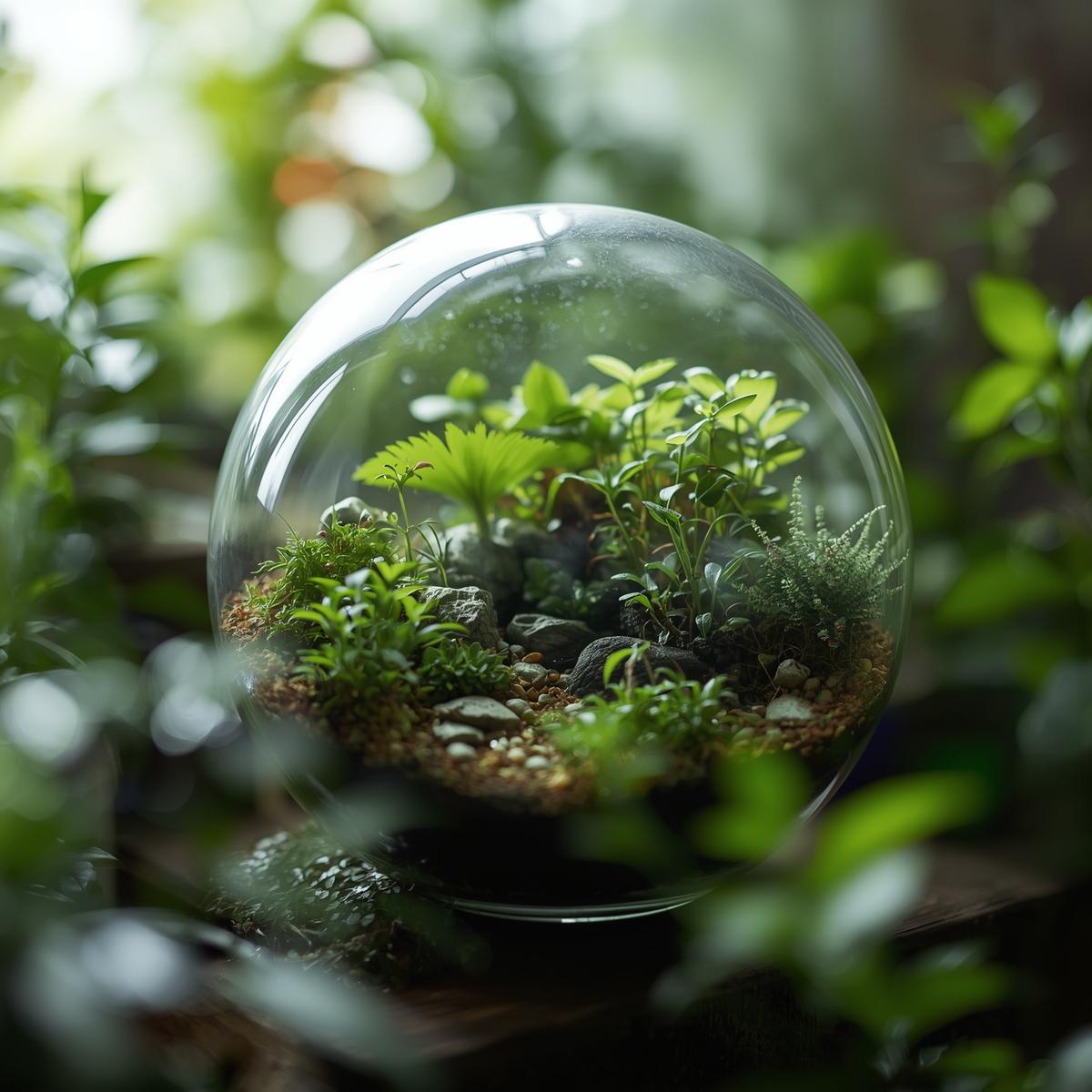 Terrarium with plants inside a transparent dome, surrounded by greenery. A product f lilli plants