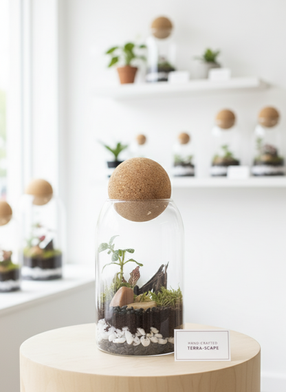 Terrarium in a glass bottle with a cork lid on a wooden surface Dubai