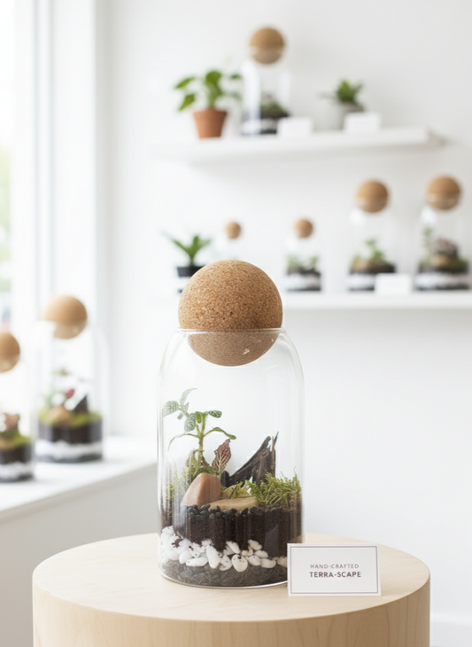 Terrarium in a glass bottle with a cork lid on a wooden surface Dubai