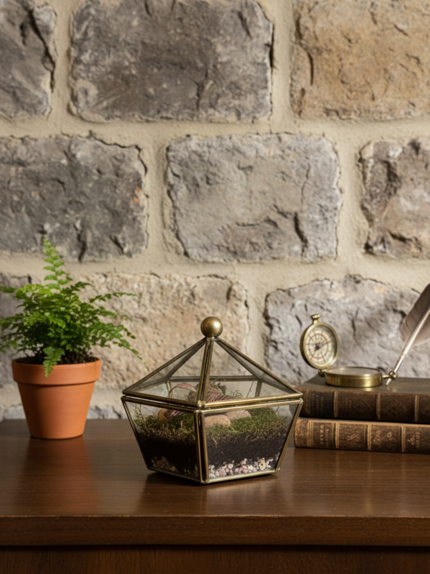 Apex Vintage Glass Terrarium handcrafted by Lilli Plants in Dubai with fittonia, moss, and decorative pebbles