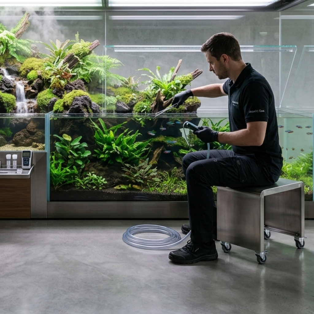 Paludarium maintenance service featuring a balanced ecosystem with tropical plants, water features, and natural landscape elements.