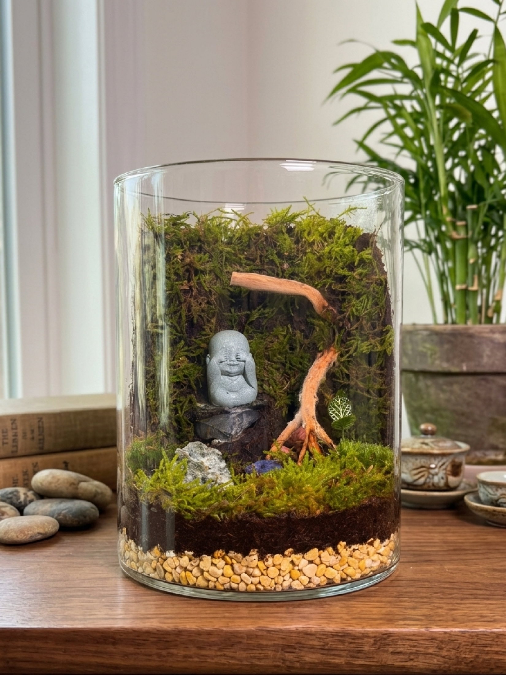 Mini Buddha garden terrarium with natural rocks and cushion moss