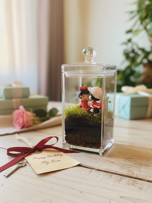Birthday Love Terrarium with moss, pebbles, and romantic couple figurine by Lilli Plants Dubai