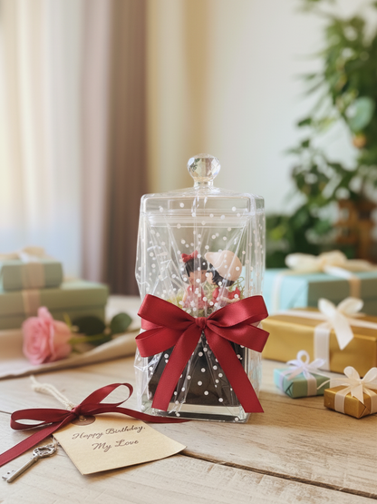 Handcrafted romantic terrarium gift with Fittonia plant and love figurine — best birthday gift in Dubai