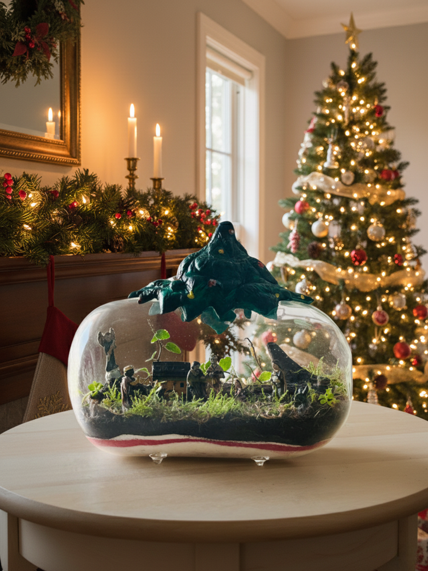 Mini Christmas Nativity terrarium with live moss and plants in glass dome