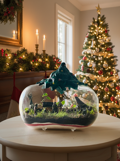 Mini Christmas Nativity terrarium with live moss and plants in glass dome