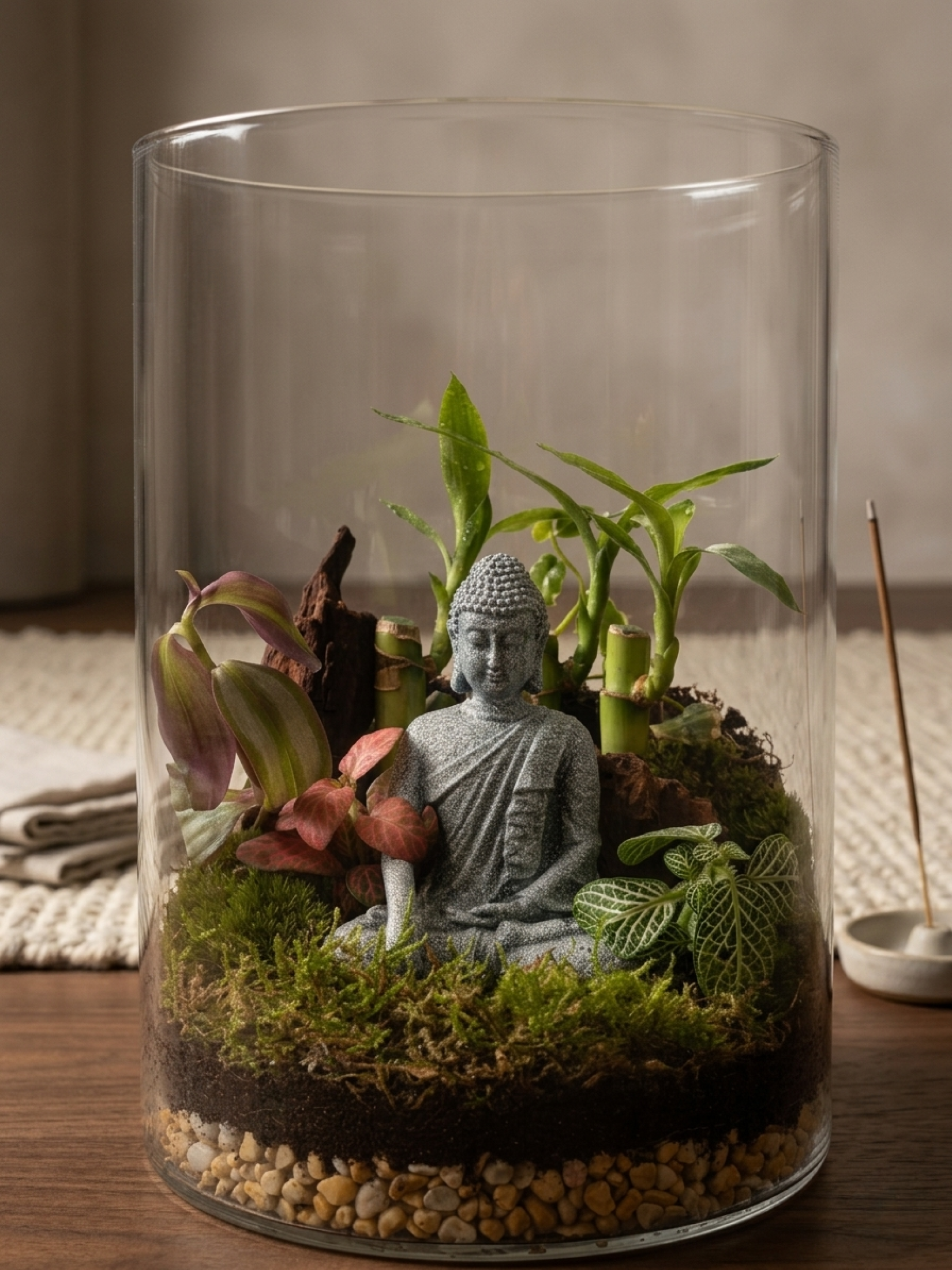Zen Buddha terrarium with fittonia red green and driftwood in glass cylinder