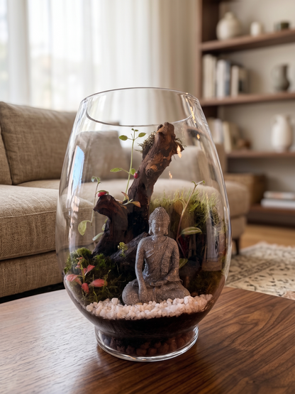 Handcrafted Zen glass terrarium with red Fittonia and Buddha centerpiece Dubai