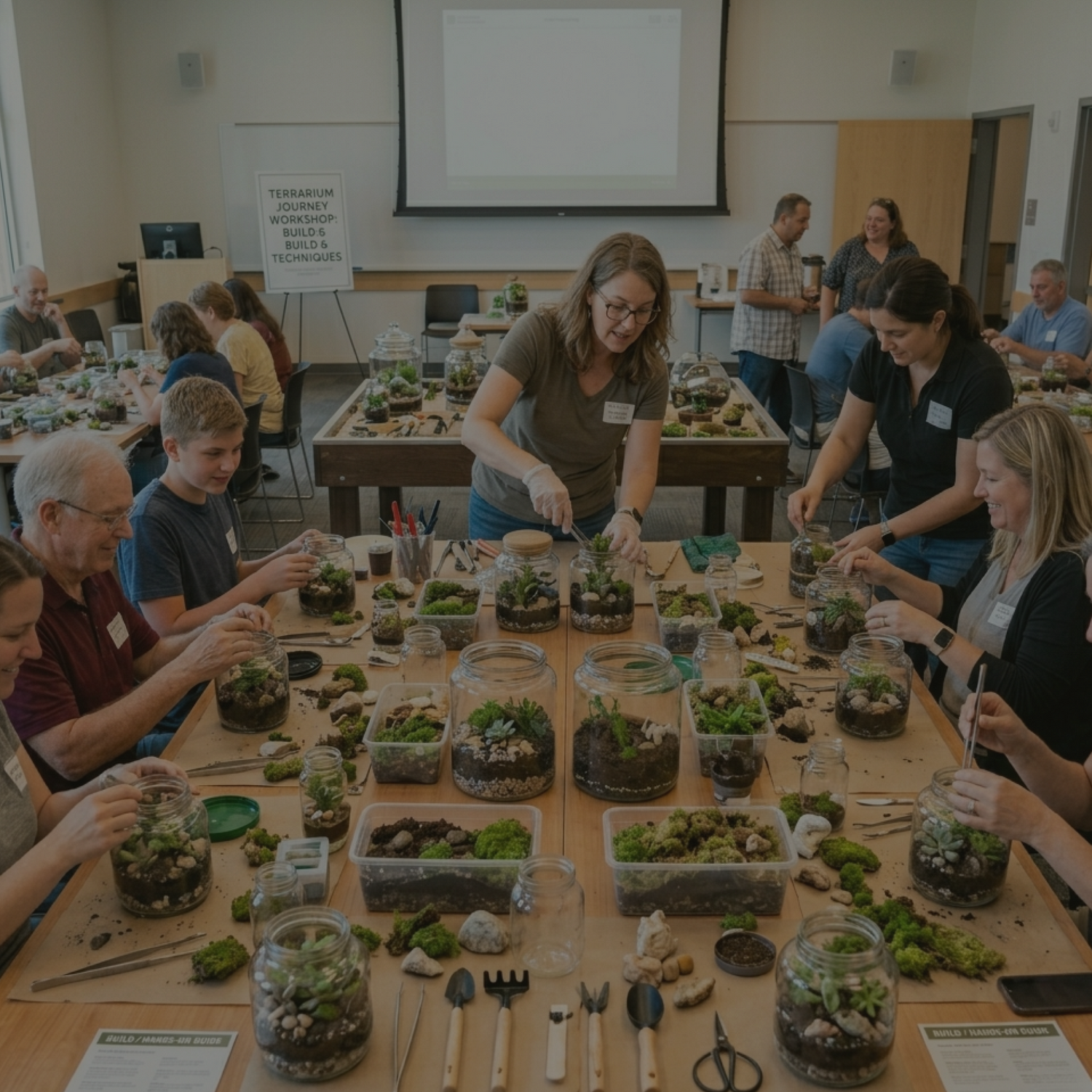 Participants creating miniature terrariums during Lilli Plants workshop session