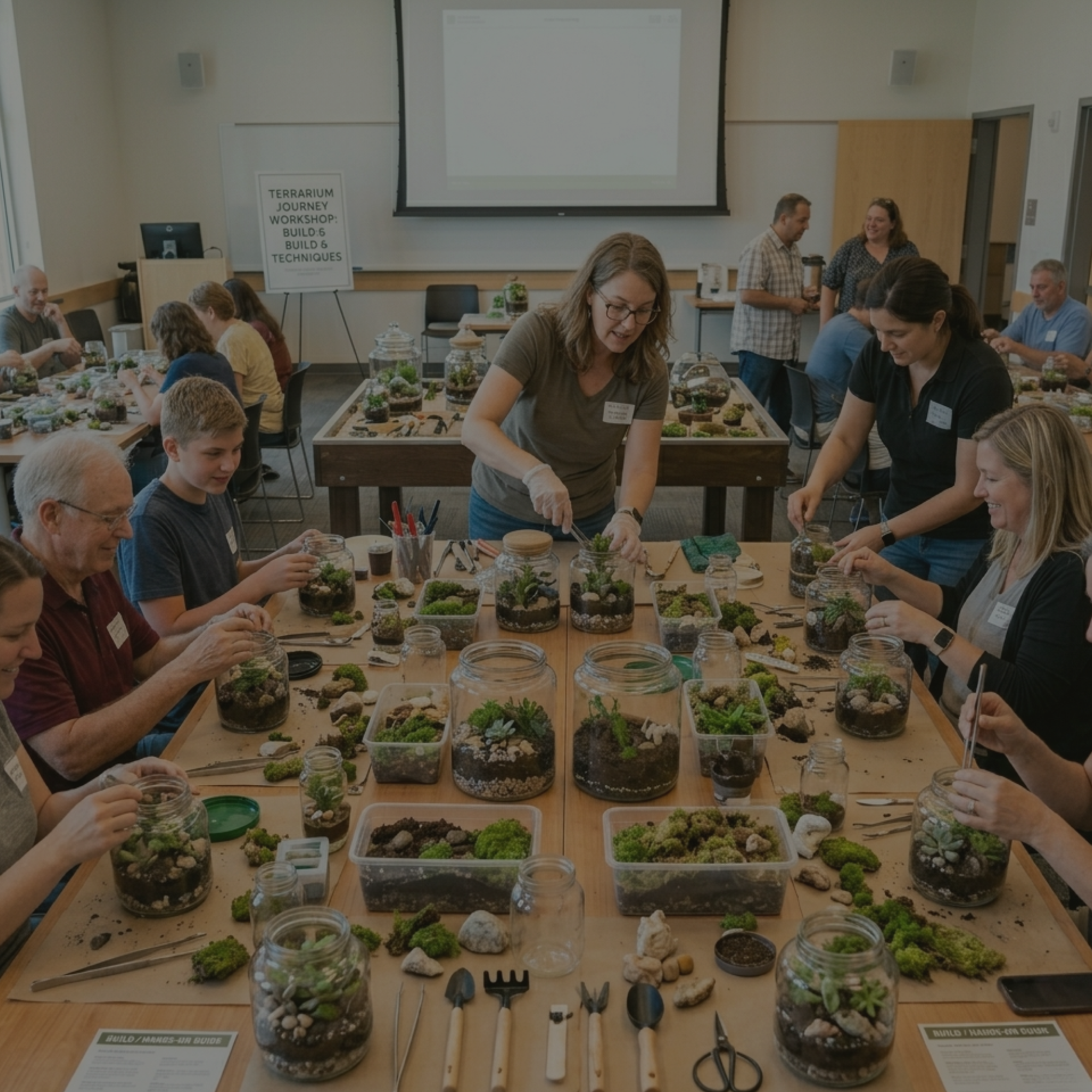 Participants creating miniature terrariums during Lilli Plants workshop session