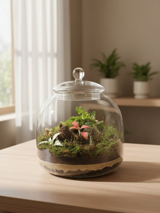 Calm Valley Terrarium with moss, fittonia, sand layers, and driftwood in glass bowl- Lilli Plants Dubai UAE