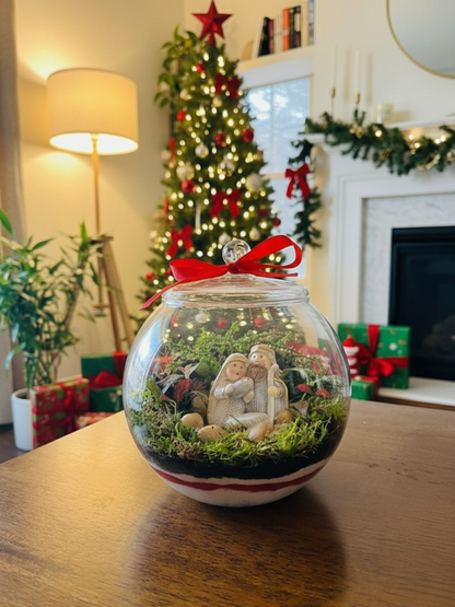 Luxury Christmas terrarium in glass bowl featuring red and green Fittonia, flat moss, and cushion moss