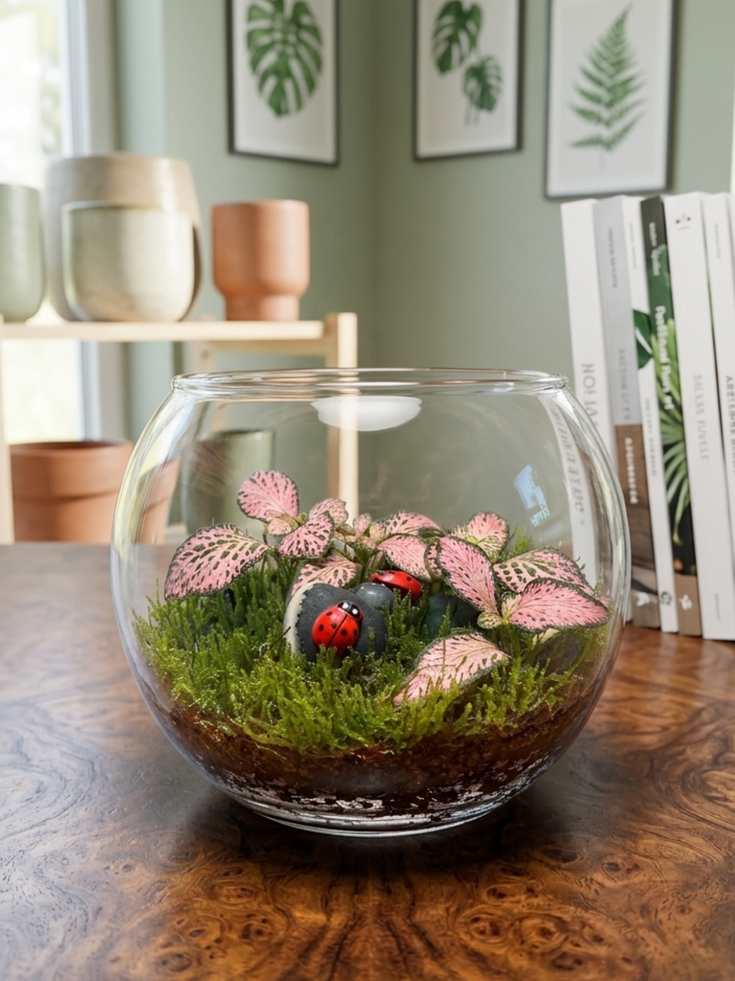 Stylish mini terrarium bowl with premium moss and Fittonia red. Great for home décor, office styling and gifting in UAE.