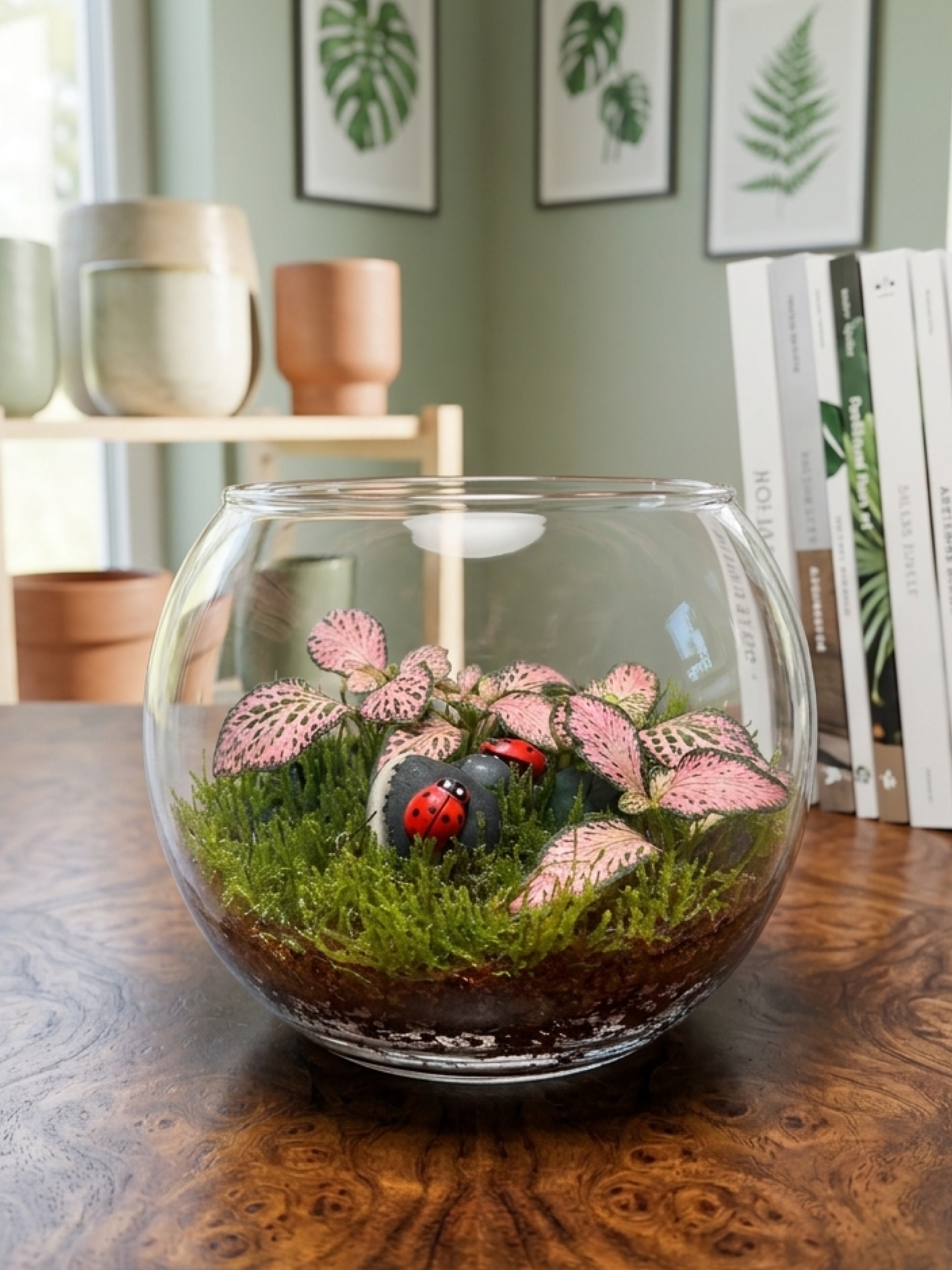 Stylish mini terrarium bowl with premium moss and Fittonia red. Great for home décor, office styling and gifting in UAE.