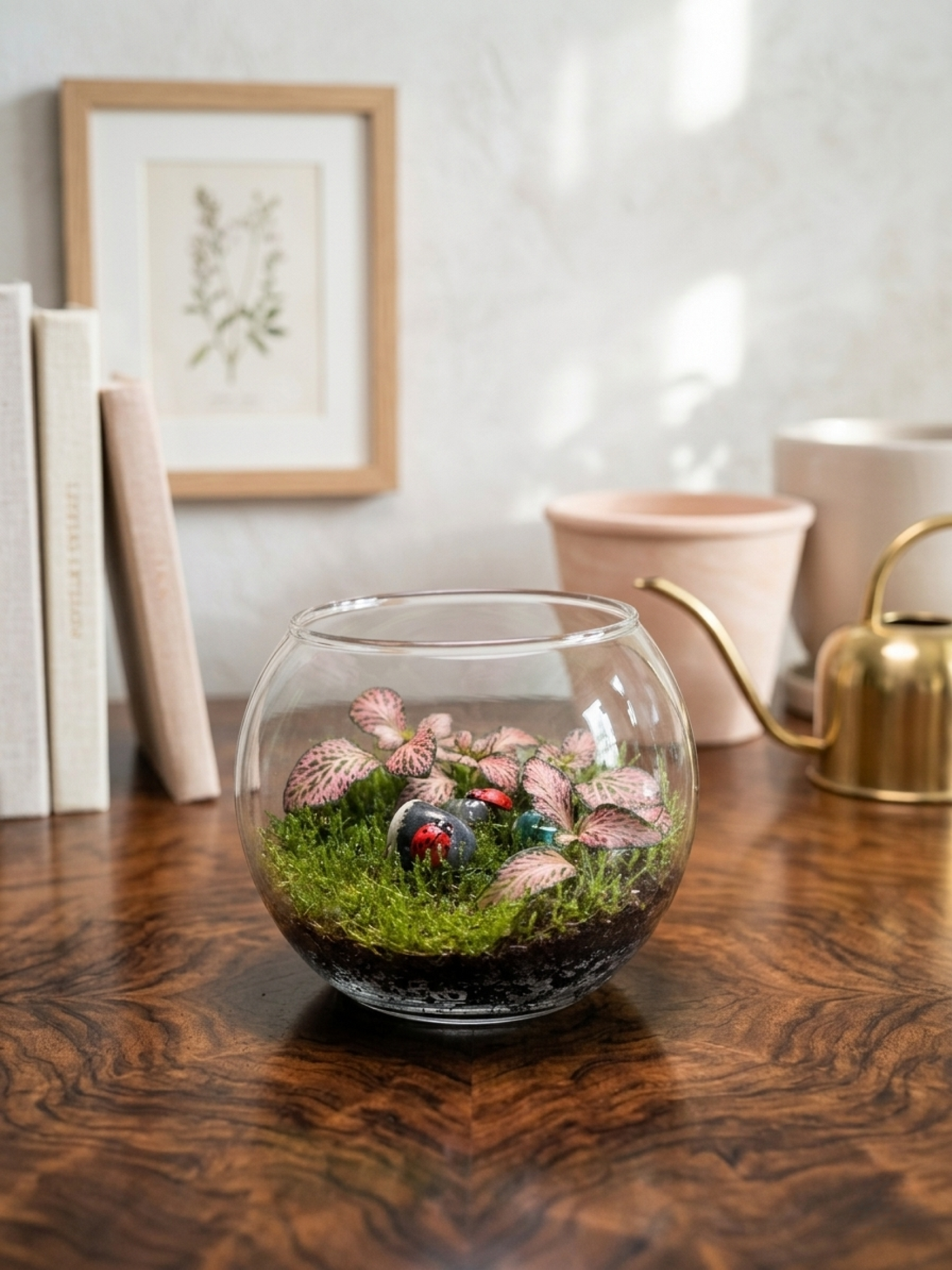 Handcrafted mini terrarium bowl with Fittonia red and moss. Ideal for desk décor, gifting and indoor plants in Dubai UAE.