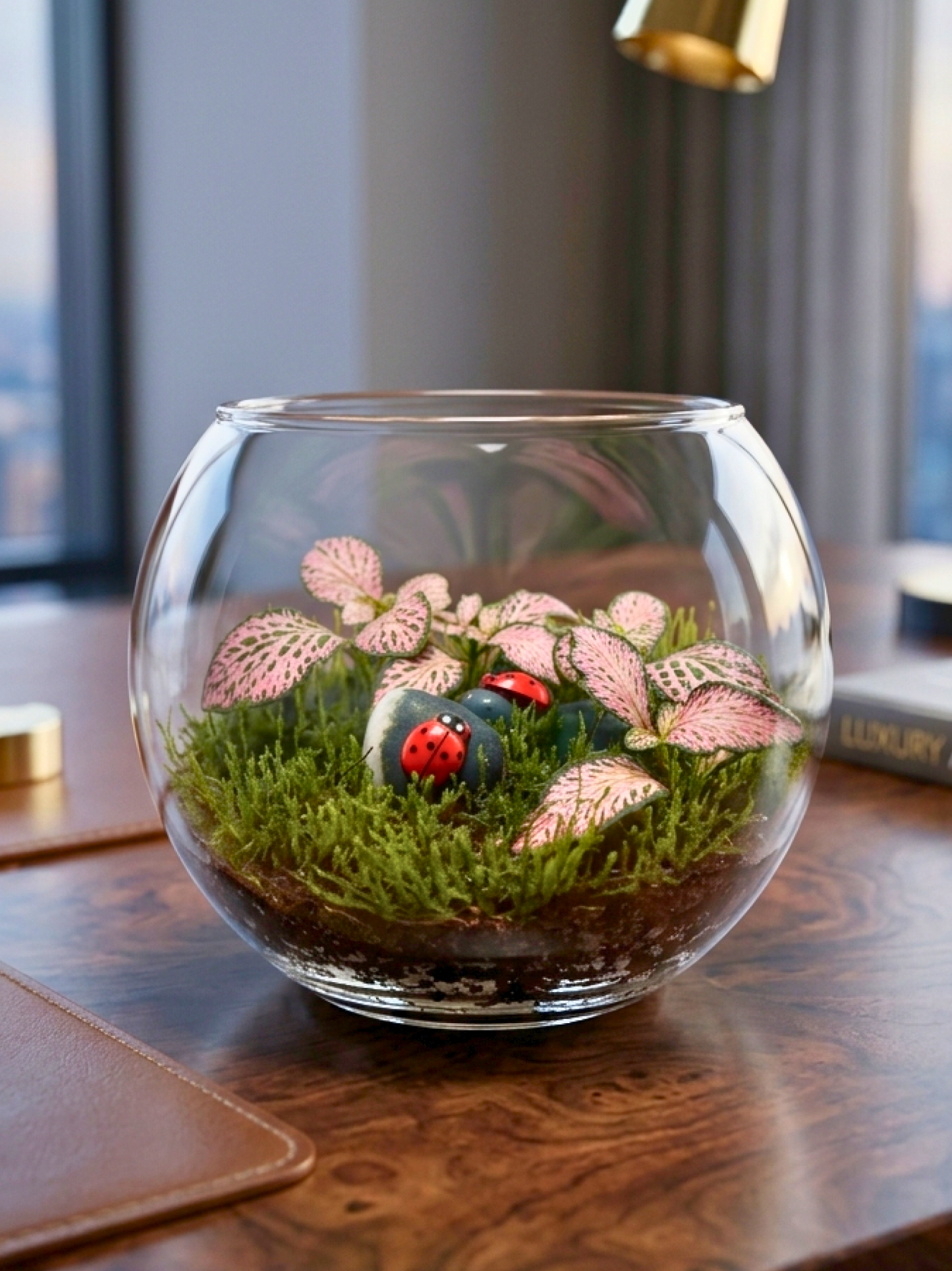 Terrarium in Dubai with Fittonia red, moss and ladybug. Perfect indoor décor and unique gift from Lilli Plants UAE.