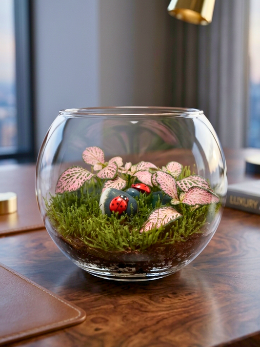 Terrarium in Dubai with Fittonia red, moss and ladybug. Perfect indoor décor and unique gift from Lilli Plants UAE.