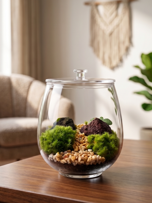 The Crimson Ridge closed glass terrarium with cushion moss and red lava rock by Lilli Plants Dubai
