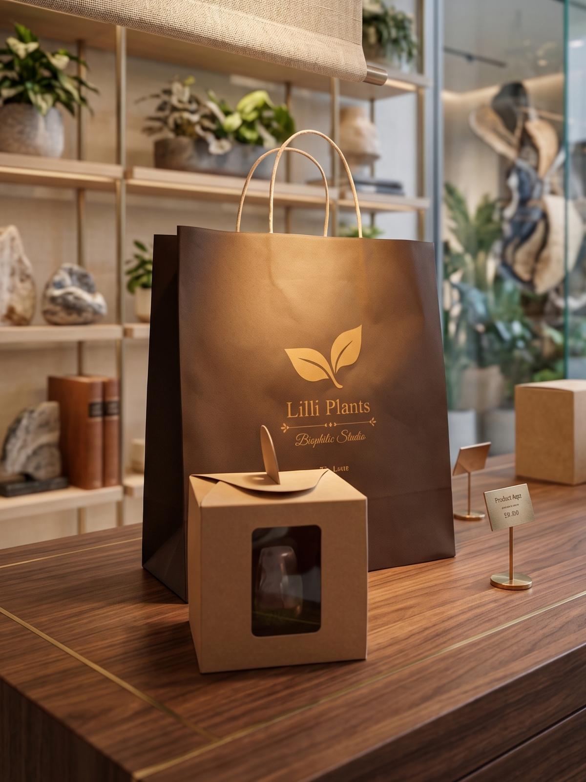 Custom terrarium gift box set with personalized props and branded Lilli Plants bag in Dubai.