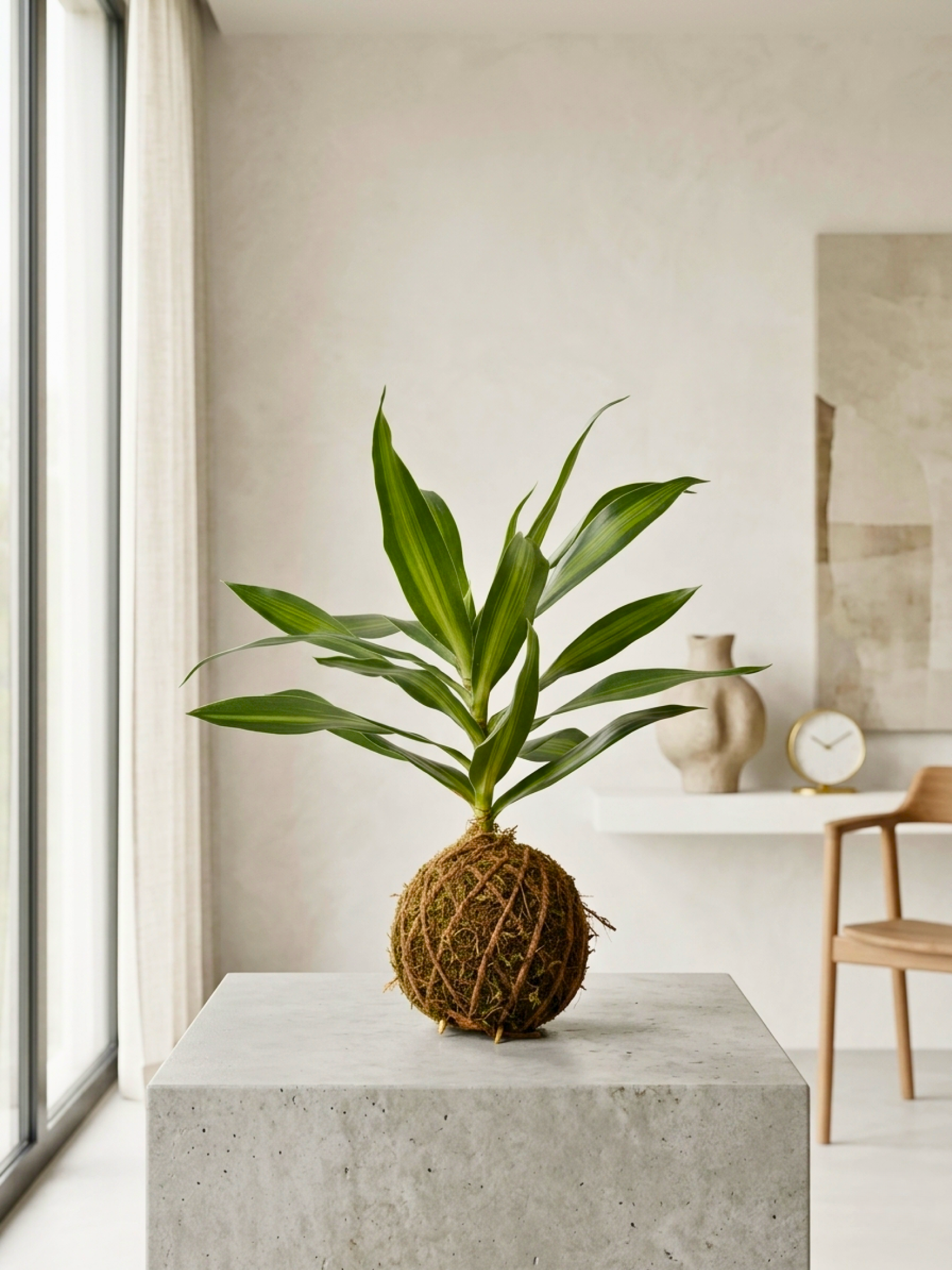 Handcrafted Dracaena Reflexa Kokedama Green Gold indoor plant in Dubai with moss ball base