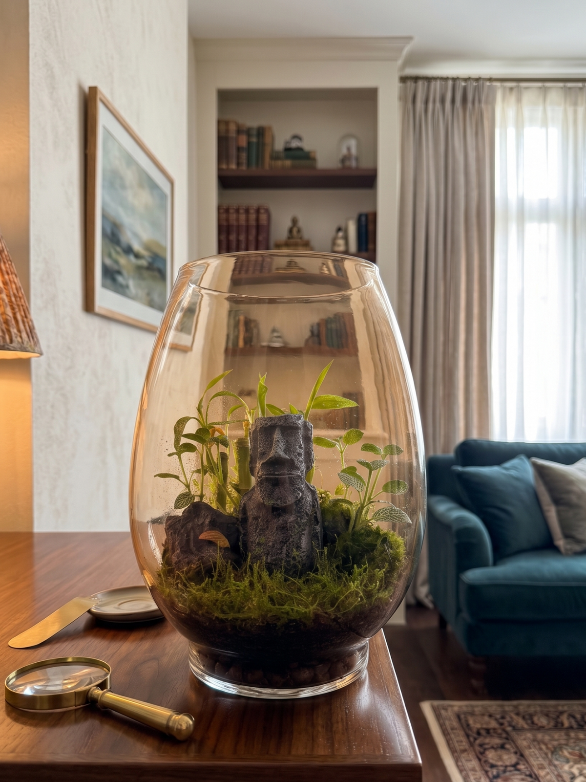 Handcrafted Rapa Nui Easter Island terrarium styled on a luxury office desk in Dubai UAE
