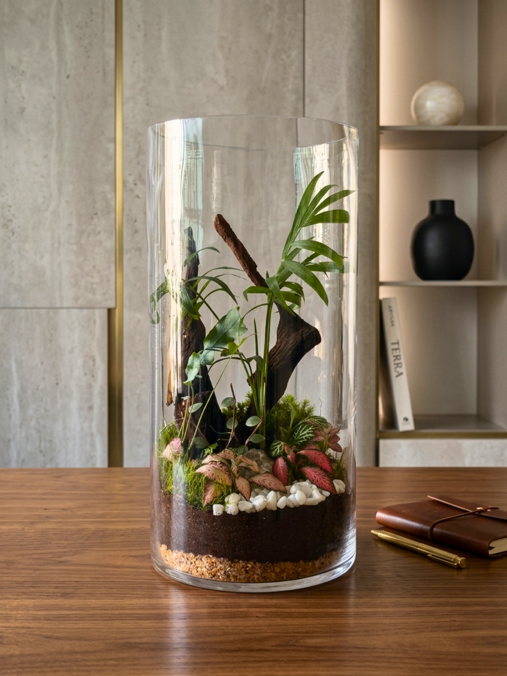 terrarium Dubai UAE featuring driftwood, Fittonia, Blue Star Fern, and lush green foliage.