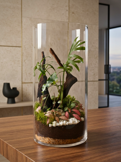 Premium living terrarium UAE featuring driftwood, Fittonia, Blue Star Fern, and lush green foliage.