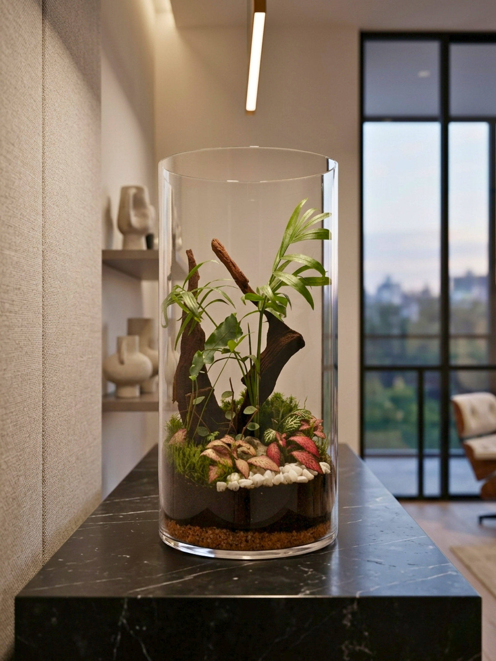 Premium forest-inspired terrarium in Dubai featuring Blue Star Fern, Fittonia, and natural driftwood.