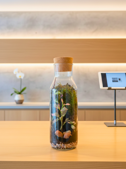 Emerald Moss Tower Terrarium handcrafted by Lilli Plants with premium flat moss and Fittonia