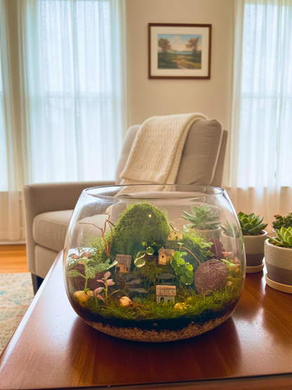 Miniature houses and natural spider wood inside Evergreen Hamlet Terrarium – perfect gift in UAE