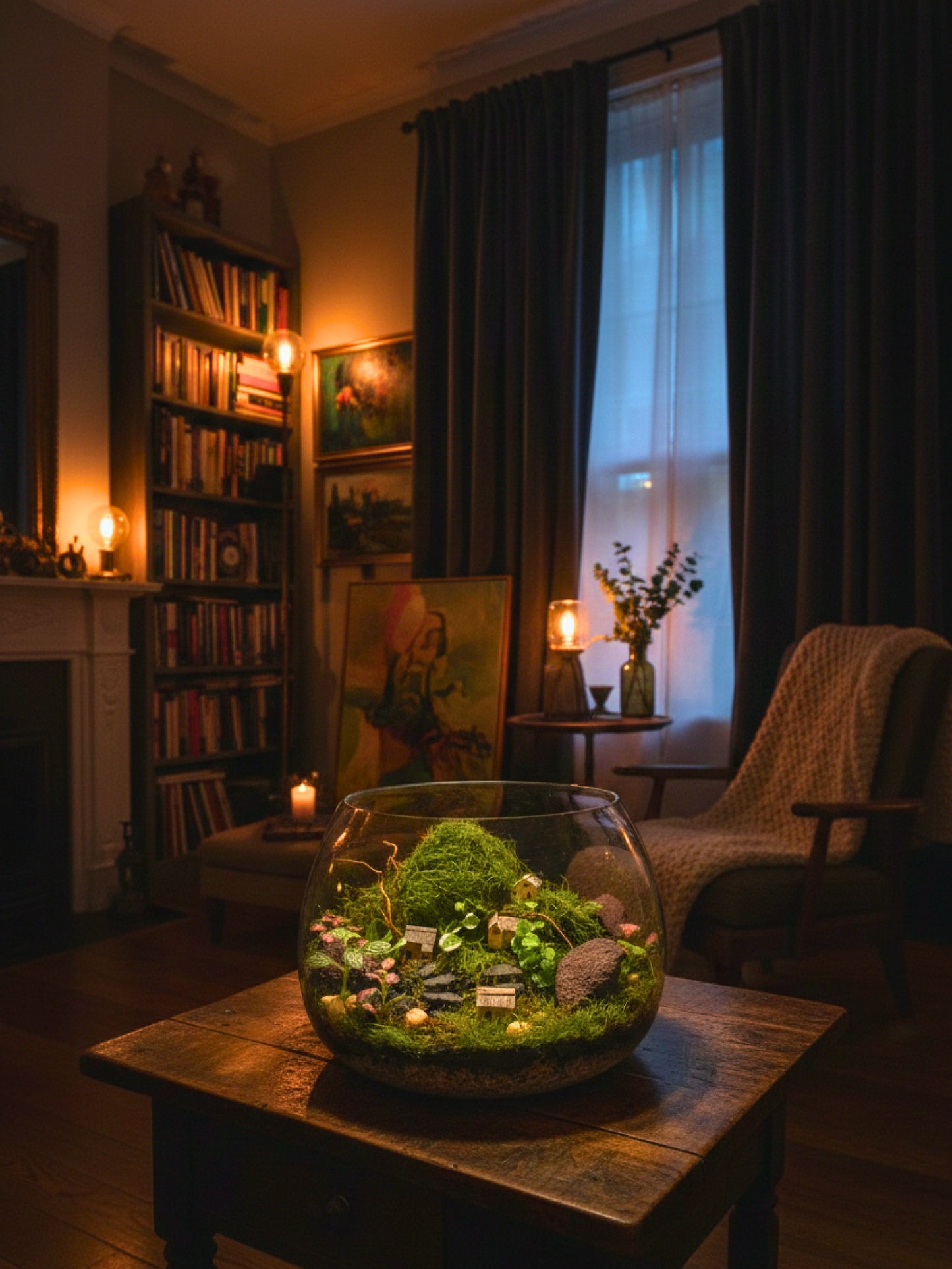 Handcrafted Evergreen Hamlet Terrarium with miniature moss village in glass bowl – Lilli Plants Dubai
