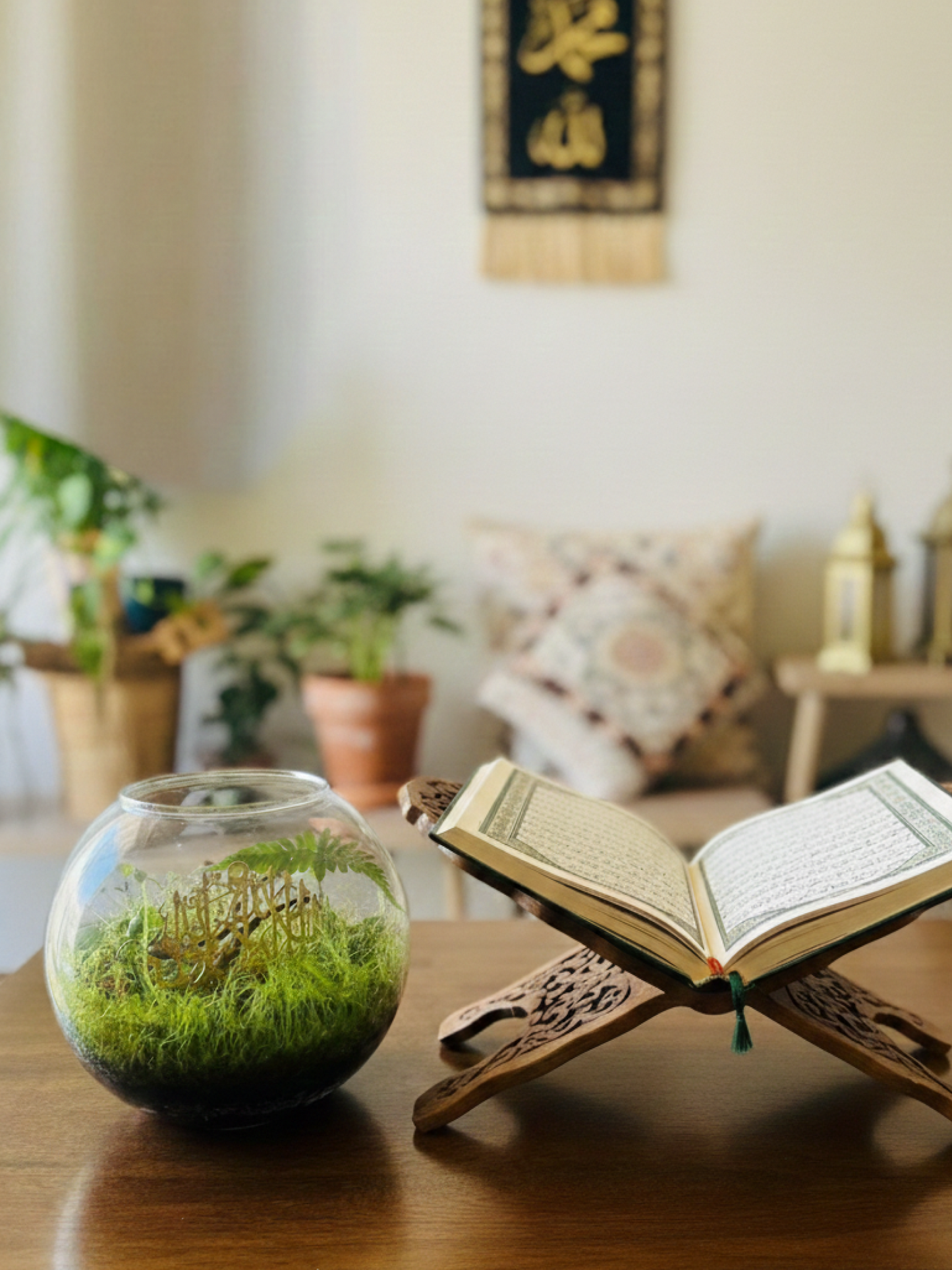 Handcrafted Islamic First Kalima terrarium with gold Shahada calligraphy by Lilli Plants Dubai