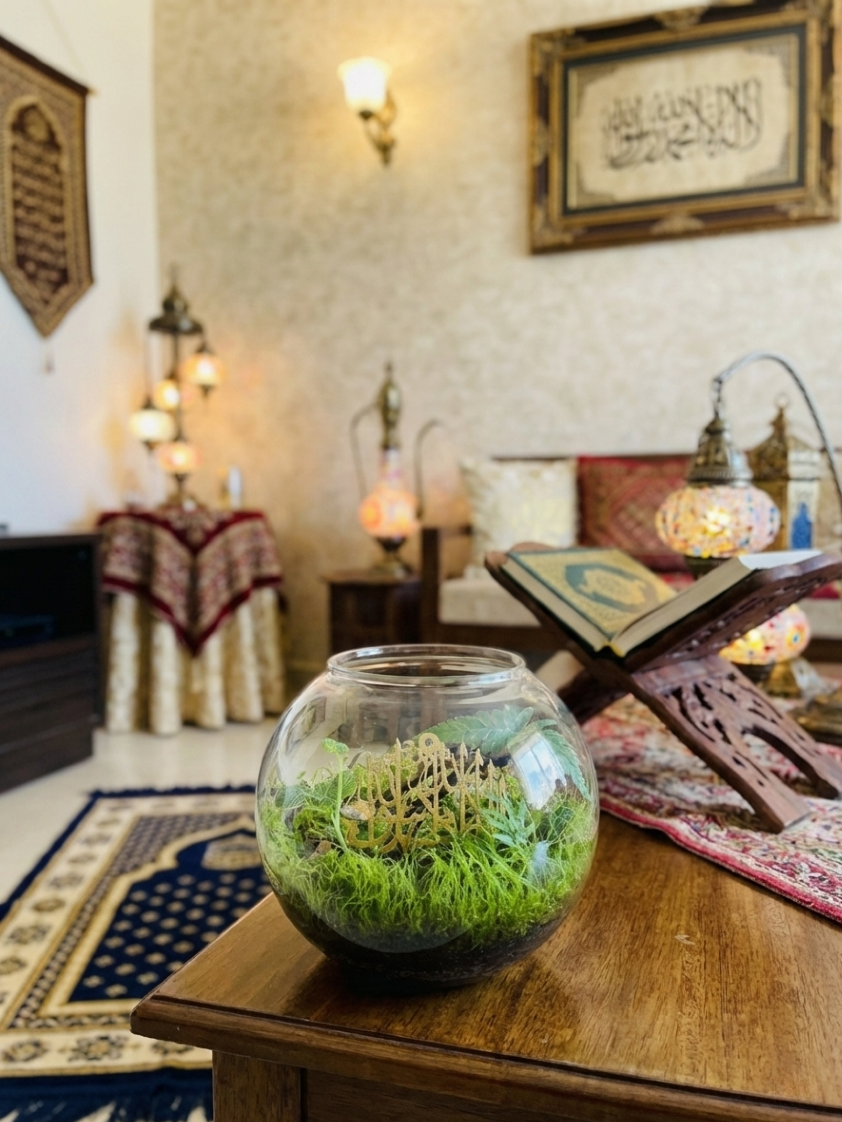 Muslim home décor terrarium featuring First Kalima Islamic calligraphy in glass bowl UAE