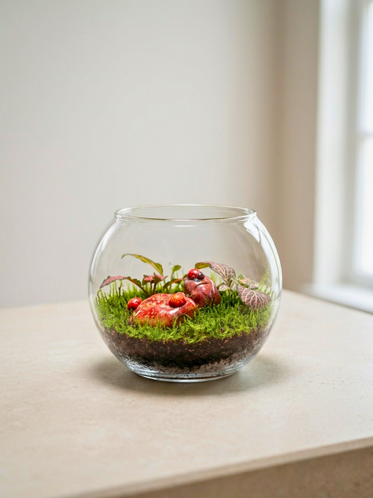 Forest Ember Mini Terrarium with red and pink Fittonia in a clear glass bowl by Lilli Plants Dubai